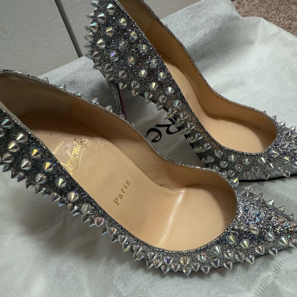 RARE Christian Louboutin Studded Silver & Suede Holographic Heels - Picture 7 of 16